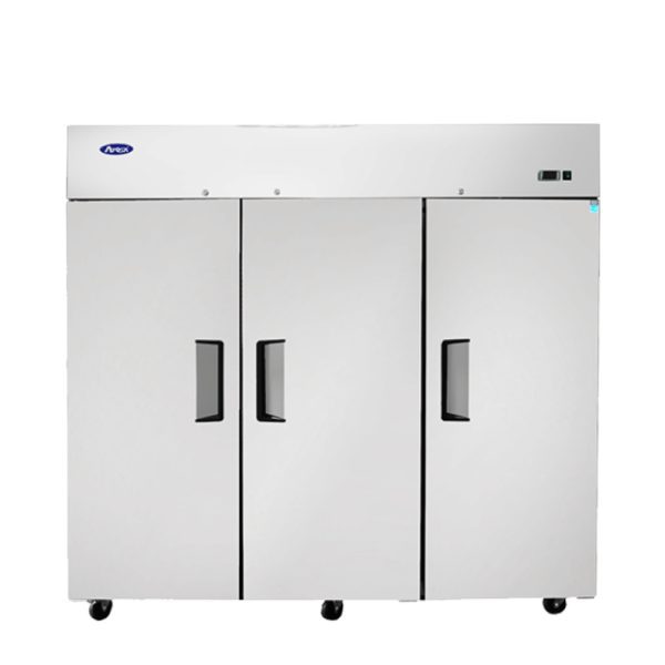 Atosa MBF8003GR three-door reach-in freezer, doors closed