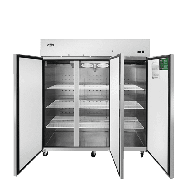 Atosa MBF8003GR three-door reach-in freezer, doors open