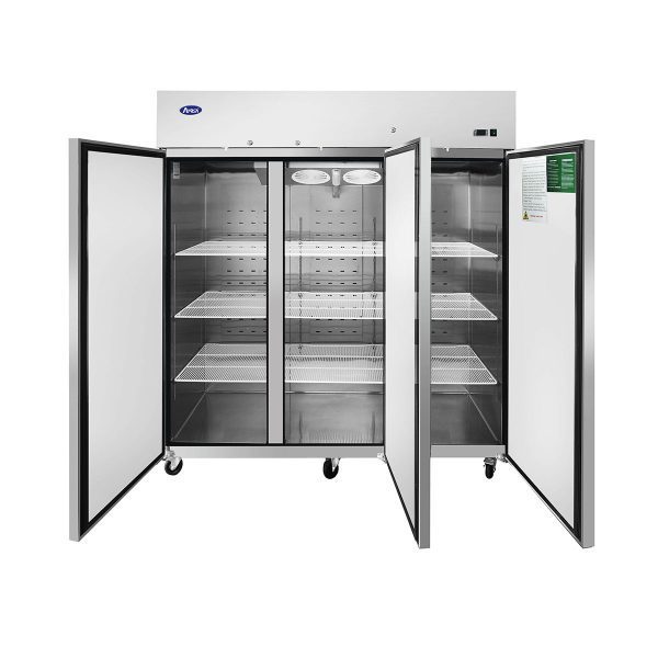 Atosa MBF8006GR three-door refrigerator, doors open