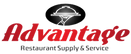 Logo of Advantage Restaurant Supply & Service with red text and black icon on a white background